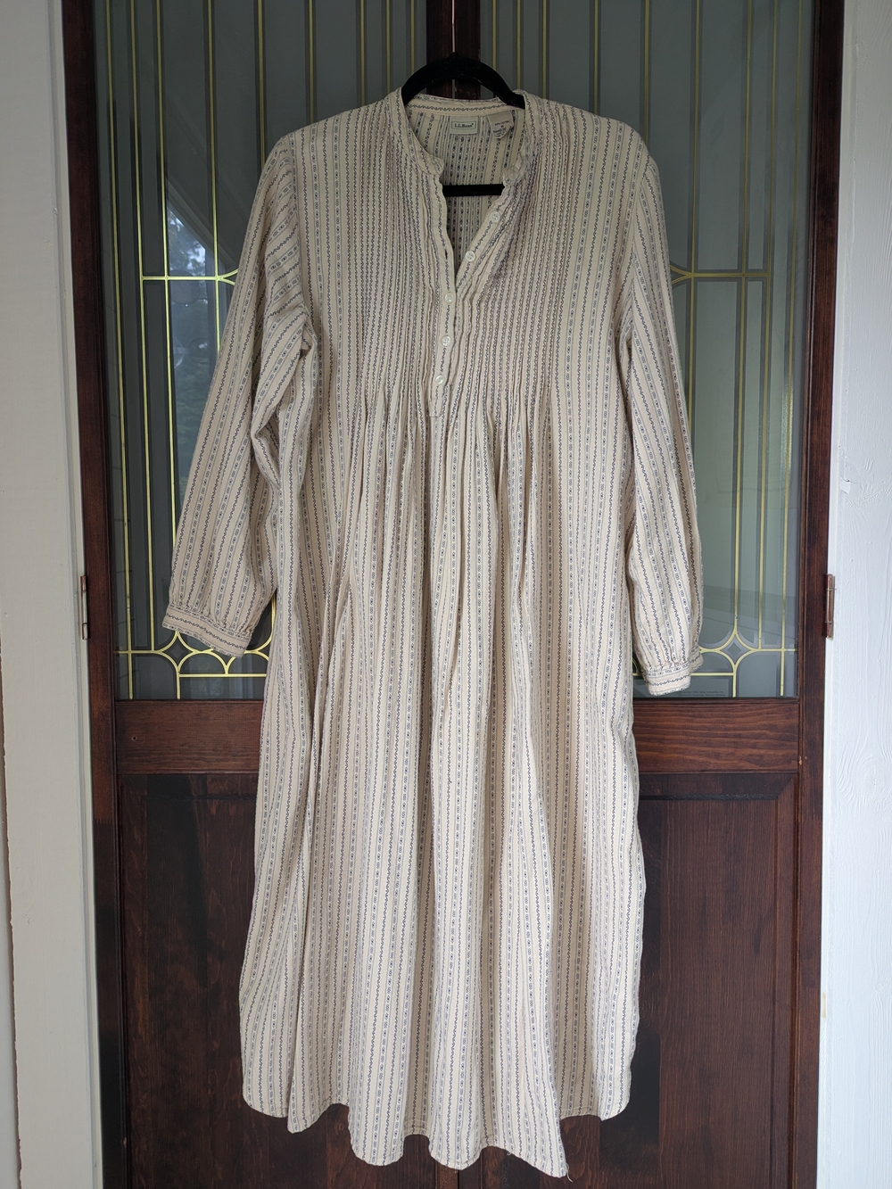L.L.Bean Cream and Light Blue Striped Long-Sleeve 100% Cotton Nightgown Dress